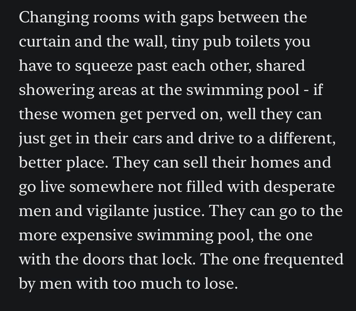 sexrealitybites's tweet photo. When people say gender identity ideology is a luxury belief, this is what they mean.

In this short but mighty powerful article, @RoisinMichaux talks about what is seldom spoken about—what women and girls face from men, how much that can depend on where we live and how we grow up, and why we need separation, even in the smallest ways.

https://t.co/kntqWHhimu