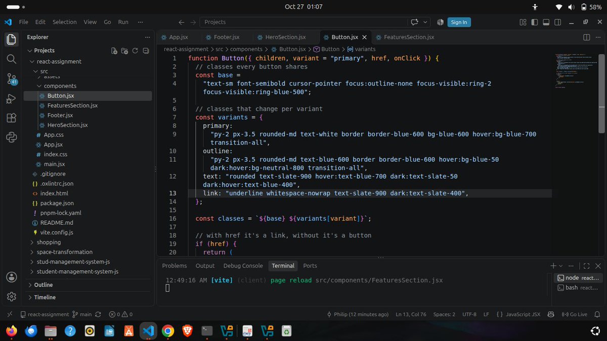 phil_builds's tweet photo. Day 110 of @blockfuselabs 200 Days of Code. We started react today. I learnt how to setup a project using vite, npm and pnpm, how to use compoents. I also built a landing page with the framework. 91 days to go.π¨#buildinpublic #react #webdevelopment #200daysofcode #day110 https://t.co/2YJslWtEhe