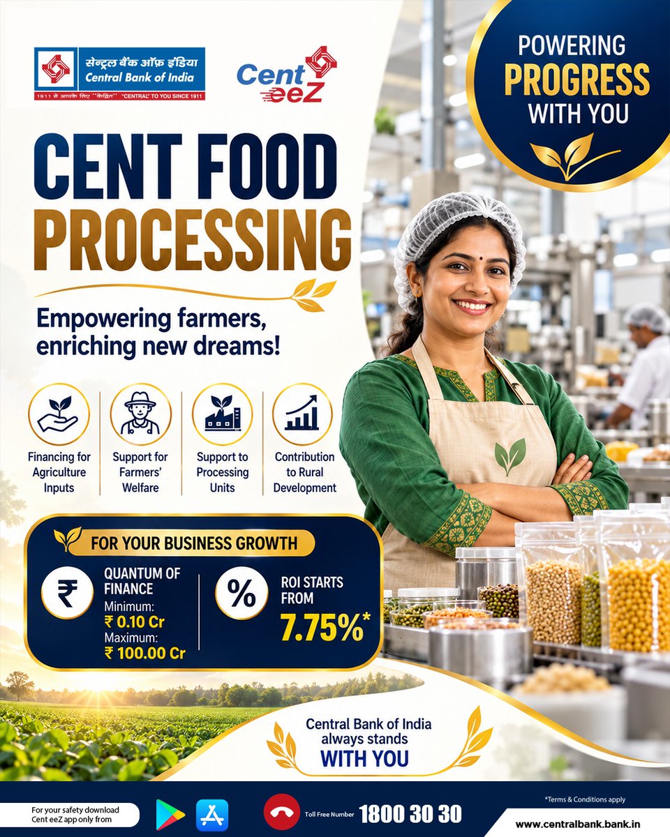 centralbank_in's tweet photo. Empowering food businesses with the right financial support. Grow your processing unit with Cent Food Processing and take your business forward.

#CentFoodProcessing #CentralBankOfIndia #FoodProcessing #BusinessGrowth https://t.co/kbzOd46gJu