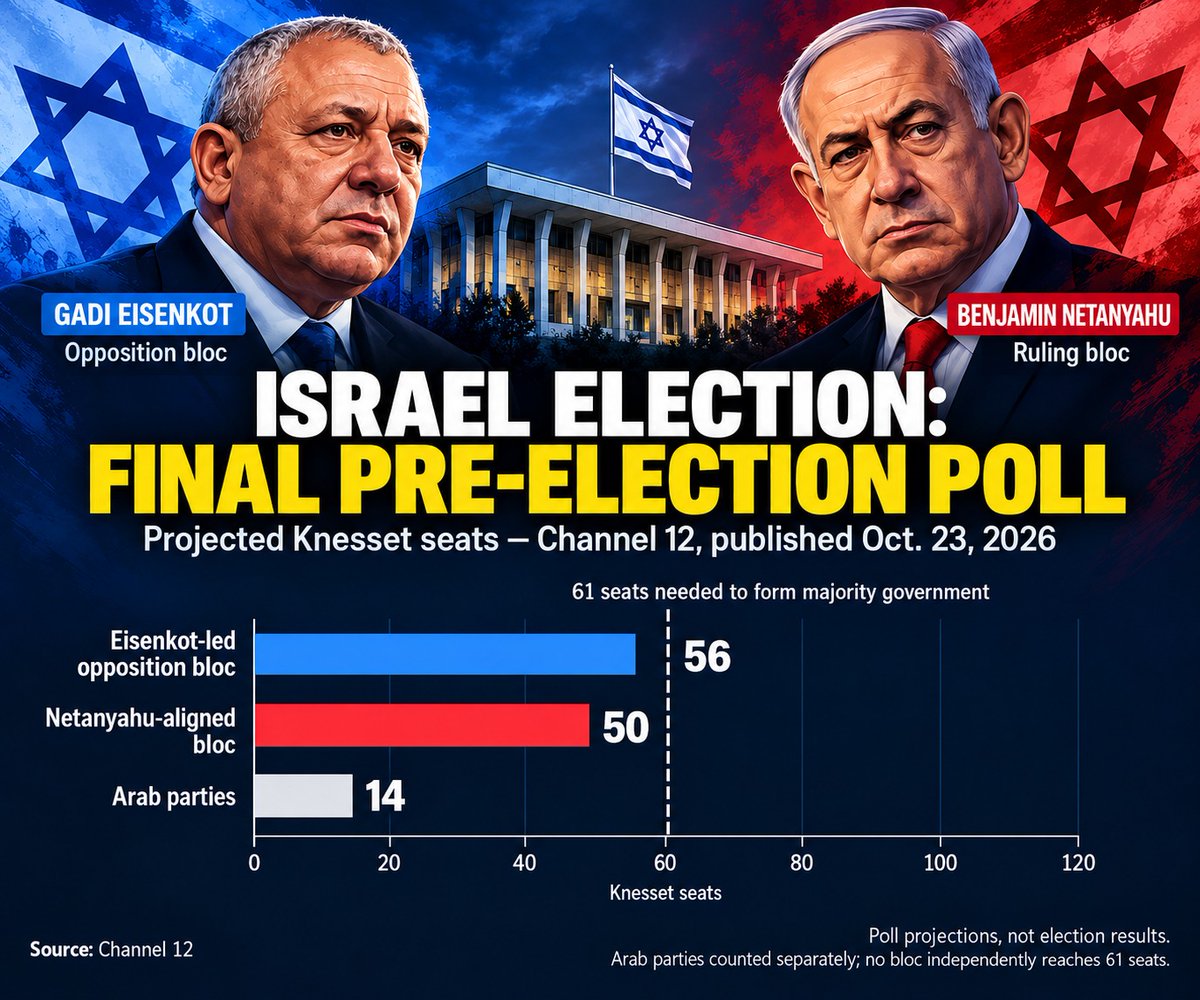 MarioNawfal's tweet photo. 🚨🇮🇱 ISRAELI POLLS OPEN: NETANYAHU FIGHTS TO STAY IN POWER

Polls have opened across Israel, with ~7.3 MILLION eligible voters deciding on the 26th Knesset.

The latest surveys suggest a razor-thin contest between Netanyahu’s right-wing bloc and an opposition alliance led by former military chief Gadi Eisenkot.

Neither camp is expected to win the 61 seats required to govern outright, raising the prospect of another coalition stalemate.

We’ll keep you posted as this story develops…

Source: Times of Israel, The Independent / Writer: Marie