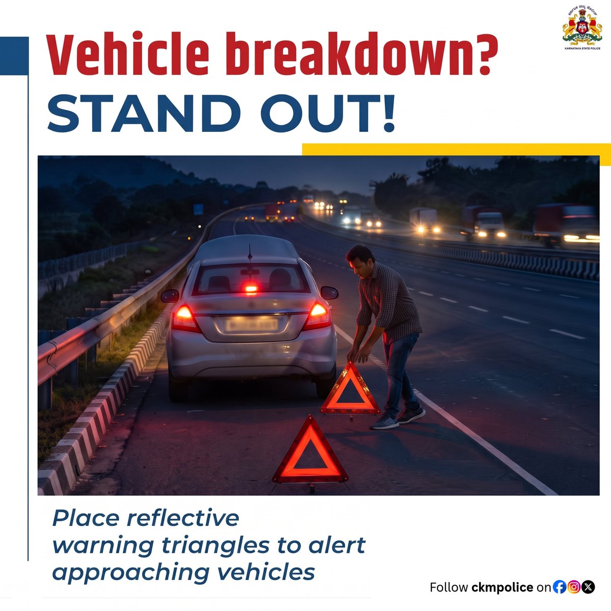 ckmpolice's tweet photo. 🚨 Your car just broke down on a dark highway. What’s the FIRST thing you do?
Place reflective warning triangles behind your vehicle and switch on hazard lights. Stand out, stay safe!
#CKMPolice #RoadSafety #HighwaySafety #BreakdownTips #DriveSafe https://t.co/4J2bQvgJX6