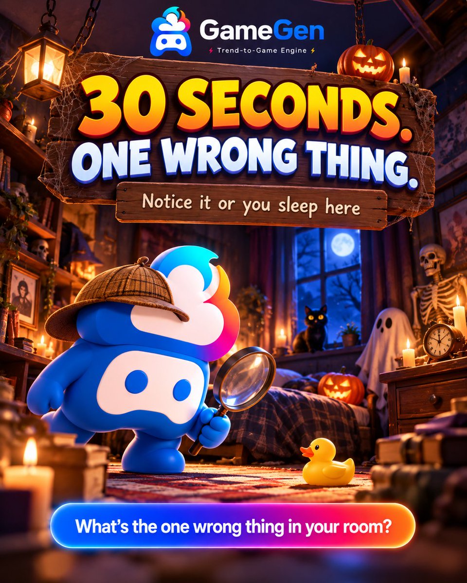 PlayGameGen's tweet photo. You get thirty seconds in a room to find the one thing that's wrong. Miss it and you sleep there. 🕯️
A game where you have thirty seconds to notice what's wrong, and noticing is the only way out.
One sentence. Minutes. Yours.

#GameGen https://t.co/rGc4YXOD50