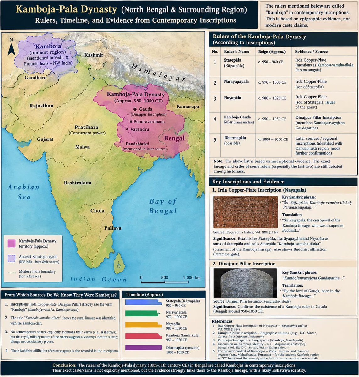 Kamboja300BCE's tweet photo. ॥ कम्बोजवंशतिलकः ॥ (Pala dynasty) Nayapaladeva of the Kamboja lineage — ruled parts of Bengal in the late 10th–early 11th century CE. 📜 The Irda Copper-Plate inscription records his lineage, succeeding his brother Narayanapala, and was studied in Epigraphia Indica, Vol. XXII. https://t.co/3VDuc134XG