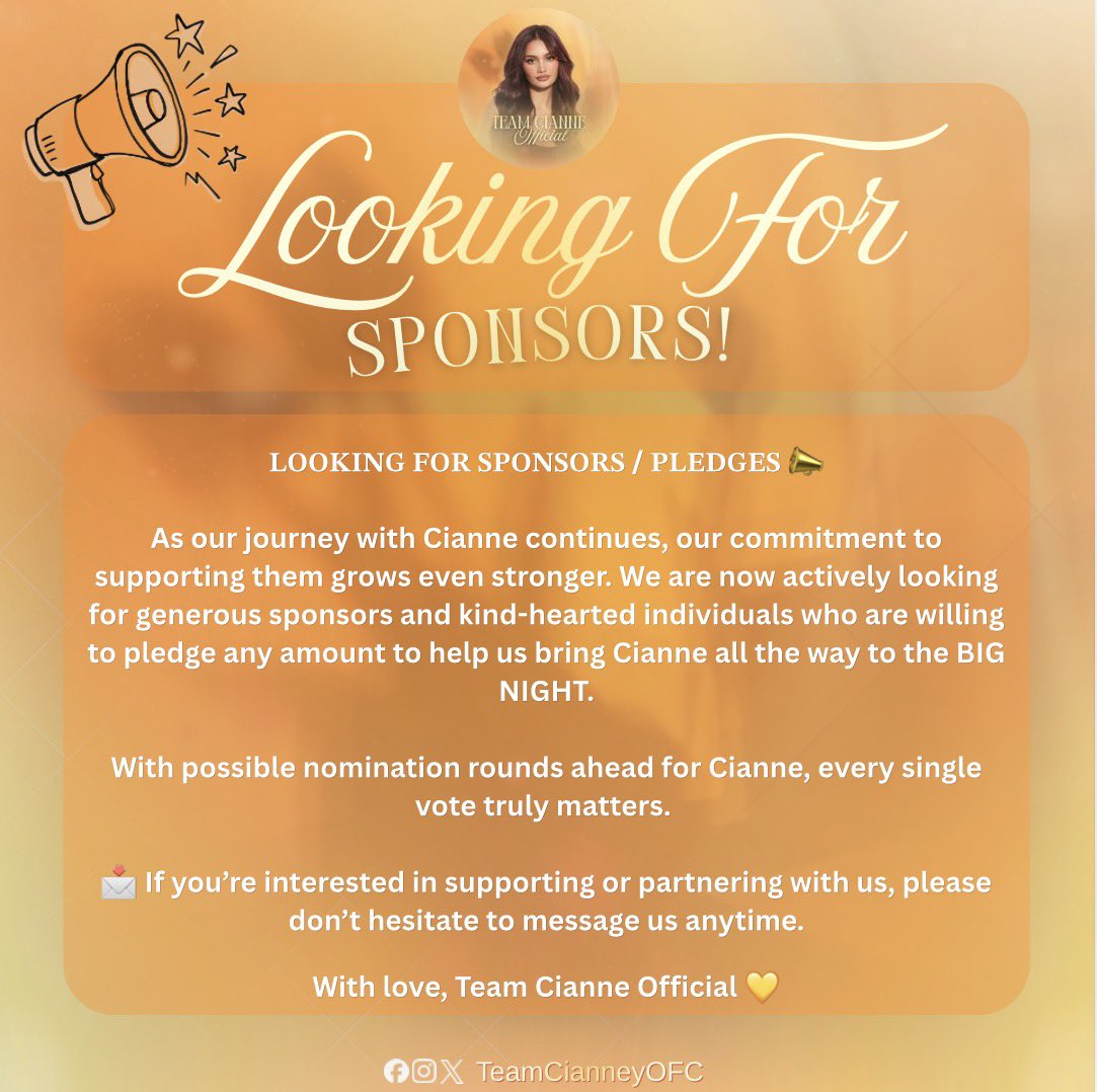 TeamCianneyOFC's tweet photo. 📣 𝐂𝐀𝐋𝐋𝐈𝐍𝐆 𝐅𝐎𝐑 𝐒𝐏𝐎𝐍𝐒𝐎𝐑𝐒 & 𝐏𝐋𝐄𝐃𝐆𝐄𝐒!

Help us support Cianne throughout her PBB journey and bring her closer to the 𝗕𝗜𝗚 𝗡𝗜𝗚𝗛𝗧! Every contribution counts! 

Interested in sponsoring or pledging? 
📮 Send us a DM! 

Together, let's make every effort count for Cianne! 💛

#CianneDominguez | #PBBCollab3Point0
