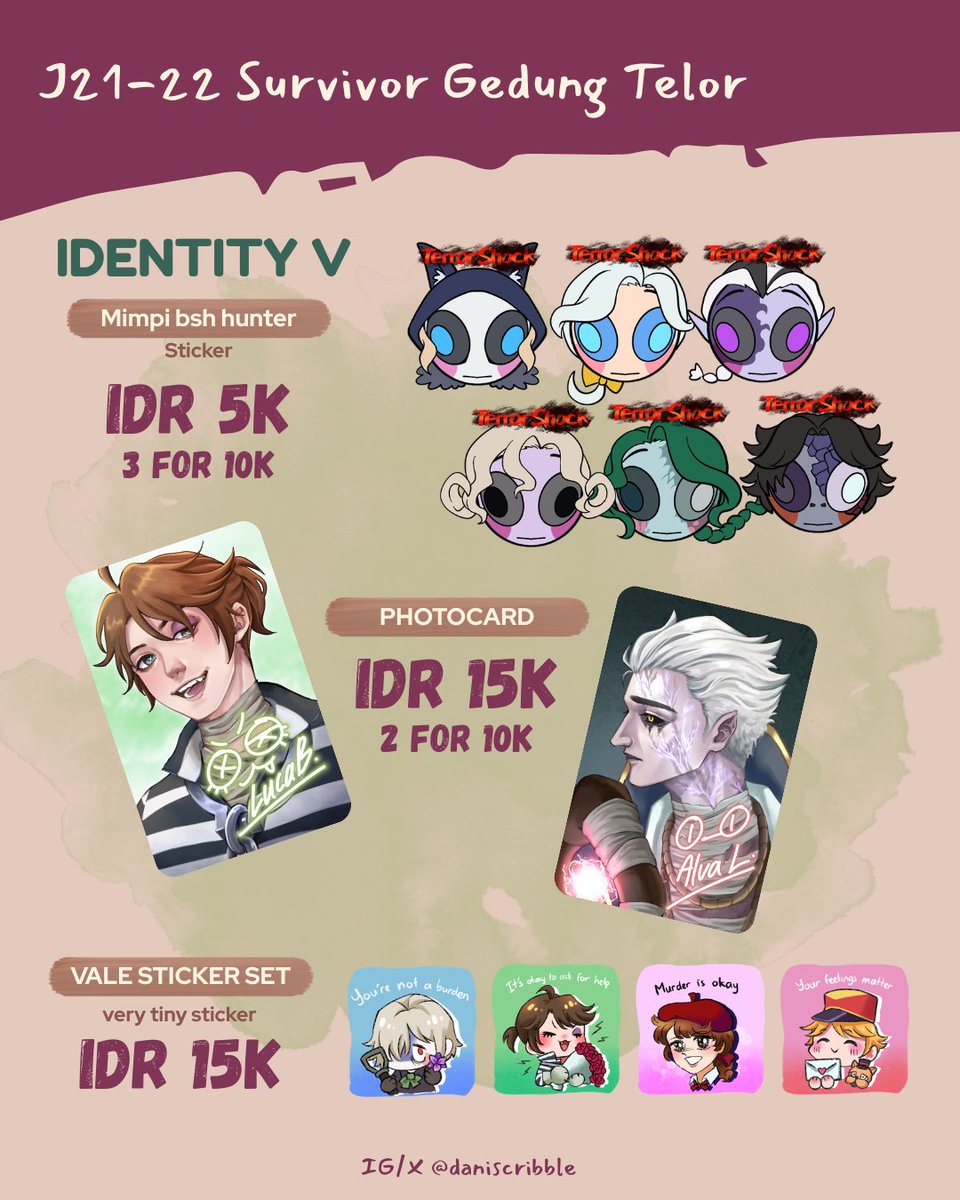 daniscribble's tweet photo. My catalog for #cf23 is finally up! ❤&amp;🔁 very much appreciated✨

📅Both days 31 Oct-1 Nov 2026
📍J21-22 Survivor Gedung Telor (ask for Dani!)
💵QR available!
⭐Fandoms : JJBA, Identity V, Genshin Impact, BG3, Original

Come by and i will give you a freebie! #comifuro23 https://t.co/3NWsPNLcdw