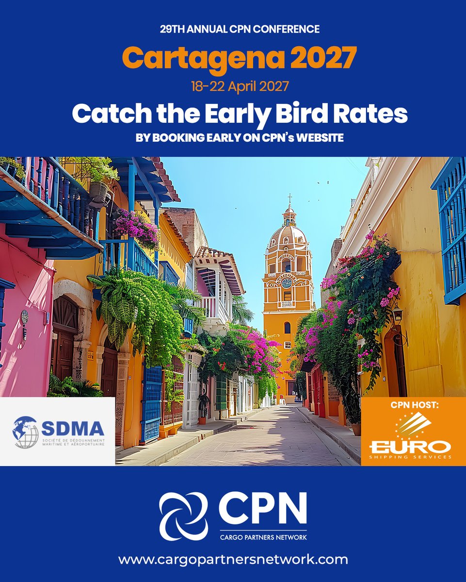 CPNNetwork1's tweet photo. CPN Conference Registration for Cartagena 2027 is now open. Be among the first to register and secure the Early Bird Rates. 
https://t.co/qu6UsPN7S8
#cargopartners #wellconnected https://t.co/1tbl8MIvY4