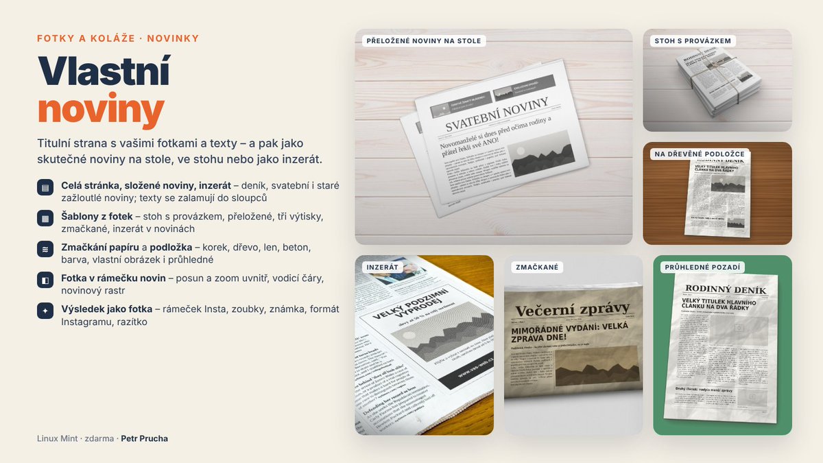 prupet's tweet photo. 📰 Fotky a koláže umí nově vlastní noviny!

Titulní strana s vašimi fotkami a texty – deník, svatební i staré zažloutlé noviny, složené noviny nebo inzerát.
💾  https://t.co/0wPK1czE2E

#linux #linuxmint #noviny #koláže #zadarmo https://t.co/xsU7Zia0FH