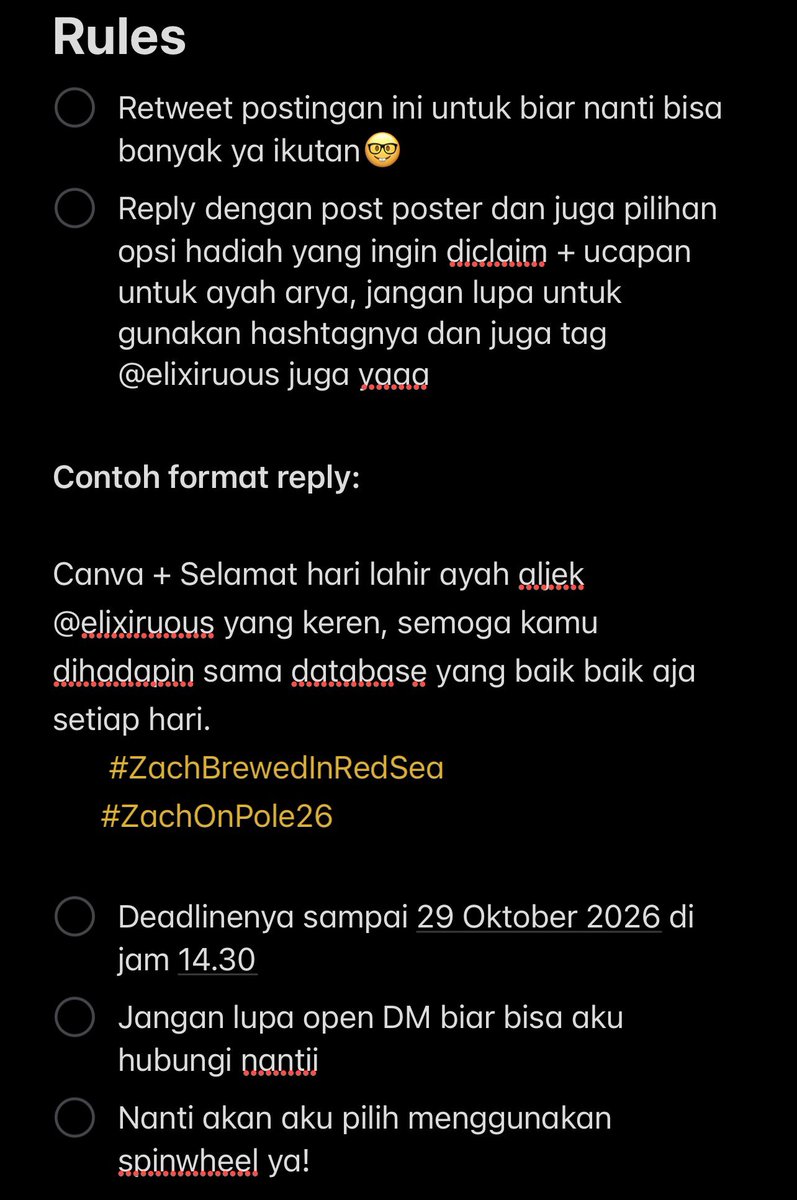 vlthassa's tweet photo. Haloww! dalam rangka merayakan ayah gwehj yang paling josjis yaitu ayah arya atau aljek @elixiruous aku di sini mau adain mini GA that can be claim by manusia baik (semuanya baik bismillah). Minta tolong bantuannya untuk rt yaa, biar nanti banyak yang meramaikan.

Untuk rules dan list yang bisa diclaim boleh cek second and third picture yaa.

 #ZachBrewedInRedSea
 #ZachOnPole26