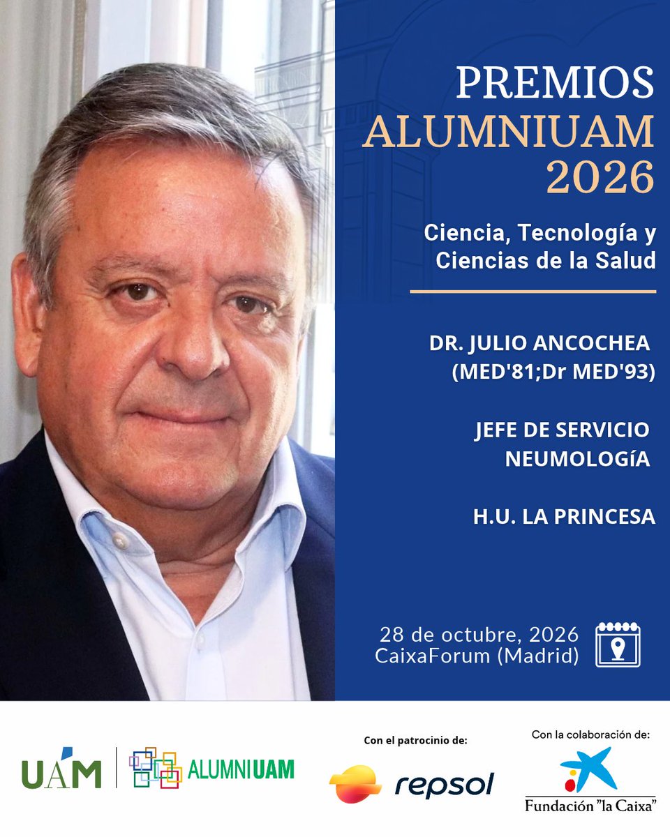 UAM_Medicina's tweet photo. 🏆 Enhorabuena al Dr. Julio Ancochea, galardonado con el Premio AlumniUAM 2026 en Ciencia, Tecnología y Ciencias de la Salud.
Un reconocimiento a su excelente trayectoria profesional y a su contribución al avance de las ciencias de la salud. 👏
#AlumniUAM #PremiosAlumniUAM #UAM https://t.co/esm879cz0A