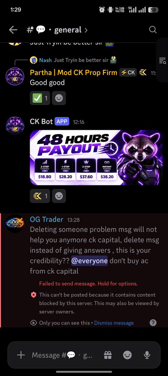 propfirmsupdate's tweet photo. 🚨 CK Capital Accused of Delaying Funded Account…

This trader (@Orochi_Genshin2) alleges that @ckpropfirm hasn’t provided his funded account despite passing both phases of it's 2-Step Standard Challenge on October 16.

According to the trader:

➡ Passed both challenge phases on October 16

➡ Still hasn’t received his funded account

➡ Followed up with the team multiple times for an update

➡ Claims he was banned from the firm Discord Server

The trader shared a sceenshot of his Discord messages & advised others to research CK Capital before purchasing a challenge.
