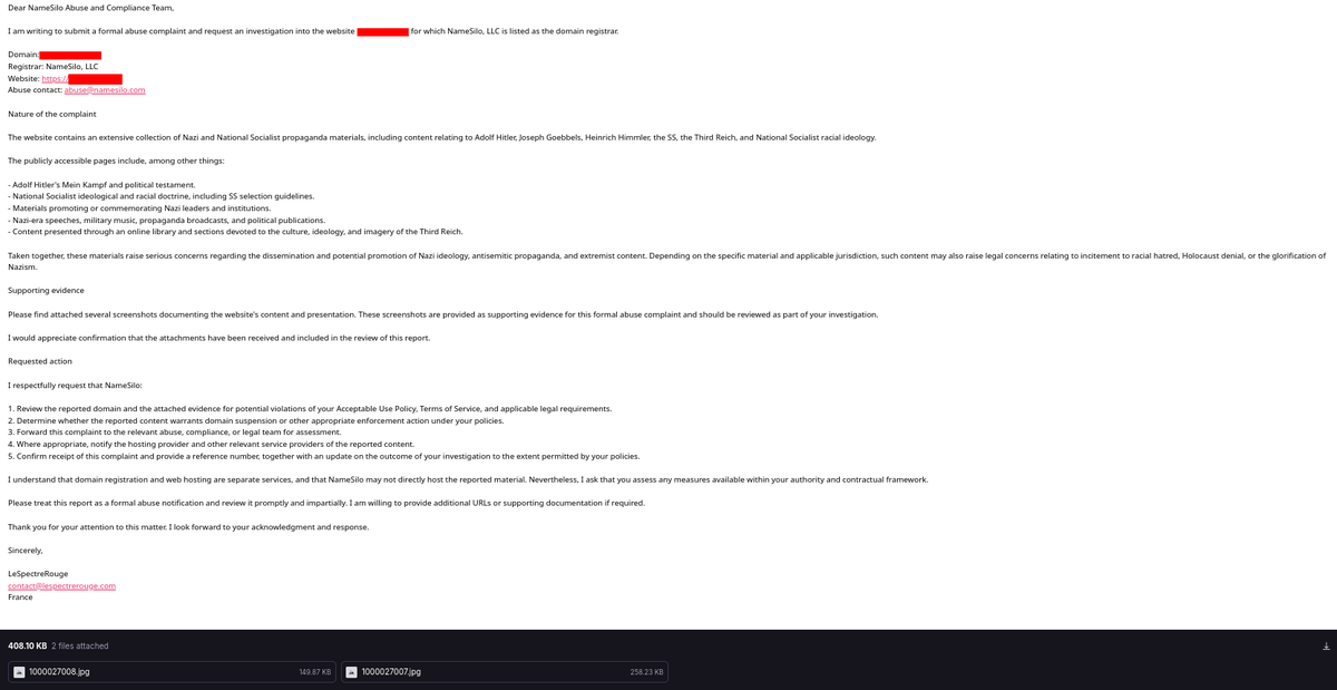 USpirituRossu's tweet photo. @NameSilo I’ve sent a formal abuse report to your team regarding a website hosting Nazi propaganda and extremist content.
Screenshots were included as supporting evidence.
Please review the report and investigate potential violations of your policies.
Thank you. https://t.co/XQwLQ5FuvP