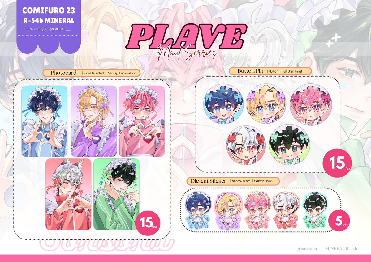 sonsona__'s tweet photo. [❤️+🔁 are appreciated ] 

Sonsona  #comifuro23 OTS catalogue is here ✨️

🎀 R-54b MINERAL
🌻 Plave, Sefurden, By The Beat, Pandavva, Love Live
✨️ both days 

Stamp rally + freebies info in comment 
#cf23 #cf23catalogue https://t.co/5w2yMfQ3zm