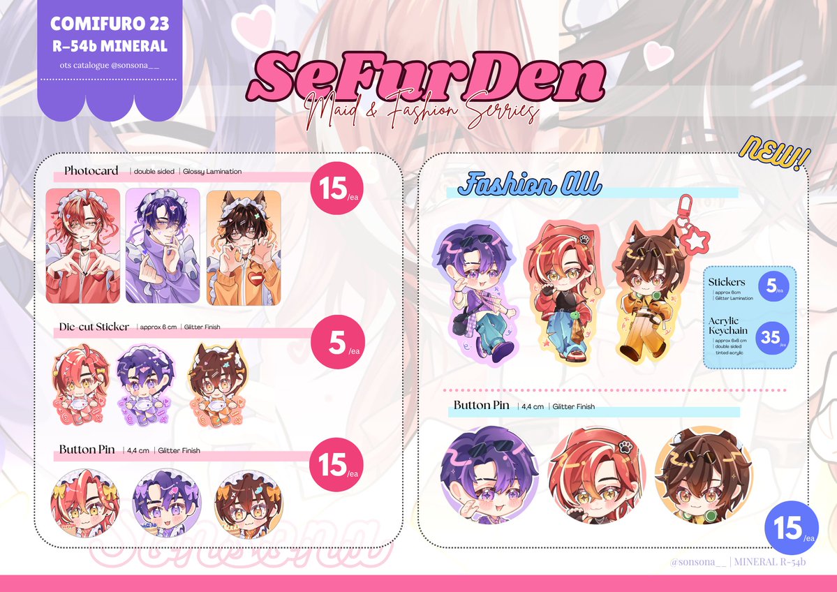 sonsona__'s tweet photo. [❤️+🔁 are appreciated ] 

Sonsona  #comifuro23 OTS catalogue is here ✨️

🎀 R-54b MINERAL
🌻 Plave, Sefurden, By The Beat, Pandavva, Love Live
✨️ both days 

Stamp rally + freebies info in comment 
#cf23 #cf23catalogue https://t.co/5w2yMfQ3zm