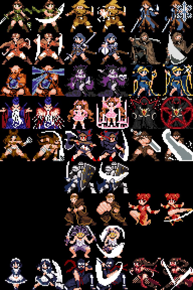 AllbonesJones's tweet photo. total class art done so far: adventurers, fighters, mages, wizards, berserkers, 1 knight, 2 monk, 1 swordmaster, ninjas.
that is 21 of the 69 sprite pairs i'll eventually need. 23 classes × 3 alignments (good neutral evil)
once i do thieves and priests, that's enough for the demo https://t.co/IQwnuMzRil