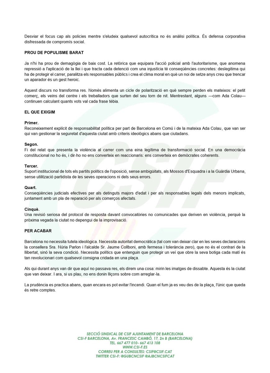 SergiMaranya's tweet photo. 🔴 ATENCIÓ 7.21 h | La Guàrdia Urbana esclata contra Ada Colau després que l’exalcaldessa parlés de «provocació» policial i d’una repressió «completament fora de lloc» arran dels aldarulls de Barcelona.
🚔 El sindicat CSIF li respon contundentment: «No és acceptable deslegitimar els qui tenen la responsabilitat de protegir la ciutadania mentre se saquegen comerços i s’agredeix els agents».
👉🏻 CSIF li exigeix que reflexioni sobre la seva gestió de la seguretat durant els vuit anys que va governar Barcelona.

🤔 Els qui han de donar explicacions són els responsables dels aldarulls i els polítics que van ser incapaços de preveure la barbàrie anunciada. Tot el meu suport a la Guàrdia Urbana i als Mossos d’Esquadra. 👮🏻‍♂️💪🏻