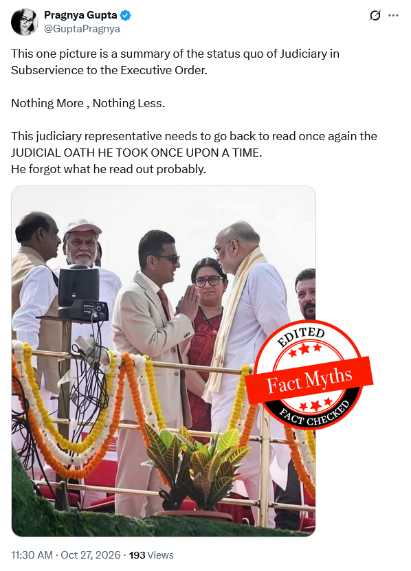 vishalPosts's tweet photo. This image of D.Y. Chandrachud folding his hands in front of Amit Shah has been edited by cropping out the rest of the image. In the original photograph, Chandrachud and Nitin Gadkari are greeting each other with folded hands. https://t.co/UsOGRPDfqT