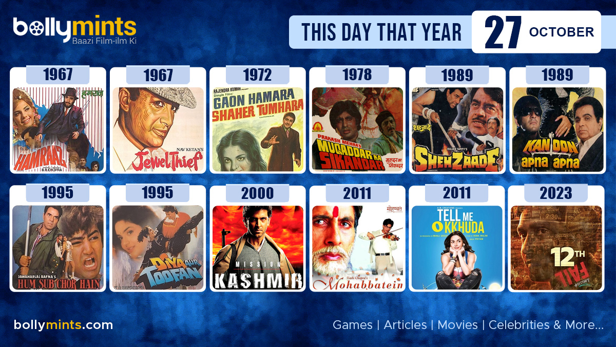 BollyMints's tweet photo. Here are the few #BollywoodMovies released on this day. Stay tuned at https://t.co/Xdw0xdm14f for more #updates #ThisDayThatYear #27October #Hamraaz #JewelThief #MuqaddarKaSikandar #Shehzaade #KanoonApnaApna #HumSabChorHain #MissionKashmir #Mohabbatein #TellMeOKkhuda #12thFail https://t.co/2Lz12TawqZ