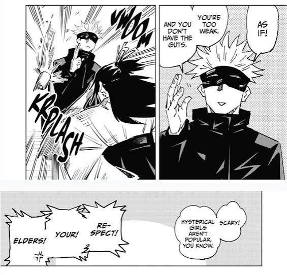 starlessatoru's tweet photo. this person saying gojo is a misogynist just because he called utahime (friend of +10 years) “hysterical” as a JOKE because she was THROWING TEA at him??? 😭😭😭 the same gojo who despises the zenin clan for the way they treat kids and women…… https://t.co/eVRfvX3rfg