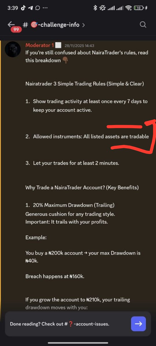WilliamsForexx's tweet photo. I recently bought a 3 Million naira @naira_trader account and the account model I purchased was (metals and currencies only) meaning I can only trade metals and currencies on it. 

Meanwhile my initial plan was to get the account that I can trade "everything tradable" but the website was showing that it was out of stock. 

After 2 days,they sent an official message on the discord channel that "since the (everything tradable) account is out of stock,that all traders with different accounts can now trade everything both crypto and Indices. 

 The mistake I made was not taking a screenshot of it because I didn't know an issue will come out of this!

Last week I made 200k on the account, Yesterday I made 100k , which is 300k,for me to request for phase 2 ,they are saying my account was breached because I traded jp225, meanwhile the last slide here showed that you can trade all the instruments listed on all accounts!

They have deleted the initial message because I couldn't find it anymore.

Reaching out to support they are saying things that aren't meaningful.

If you are currently trading with @naira_trader better find a way to blow that account because you are not getting paid!