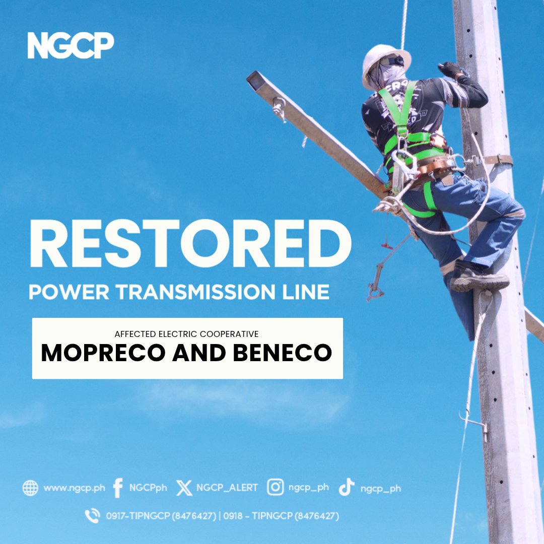 NGCP_ALERT's tweet photo. Restored power transmission services in Mountain Province, parts of Benguet and Quirino & Cervantes, Ilocos Sur today, 27 October 2026 at 2:10PM 

Affected: MOPRECO and BENECO (Atok, Sinipsip and Mankayan Substations)  

Reason: Corrective maintenance along Trinidad-Sagada 69kV Line 

We appreciate your patience and understanding during the power interruption.