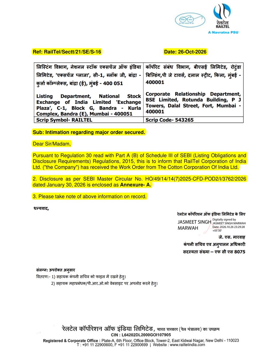 MirajeAniket's tweet photo. 📊 RailTel Corporation of India Ltd — Business Update | 27 Oct 2026

RailTel secured a domestic work order worth Rs 27.38 crore from The Cotton Corporation of India Ltd.
The contract involves establishing a dedicated cloud Disaster Recovery and backup-replication system for critical applications.
This long-term project is scheduled for execution through November 2031, bolstering RailTel's order book.

#BusinessUpdate #StockMarket #IndianStocks #BSE #NSE #RailTelCorporationofIndia
