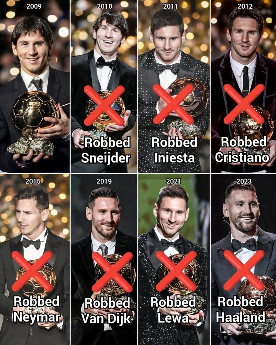 Ms_united_'s tweet photo. If Ballon d'Or was fair, Messi would only have 1.

The other 7 belong to: Sneijder (2010), Iniesta (2011), Cristiano (2012), Neymar (2015), Van Dijk (2019), Lewa (2021), Haaland (2023). 🏆❌ https://t.co/dnpb9MquZe