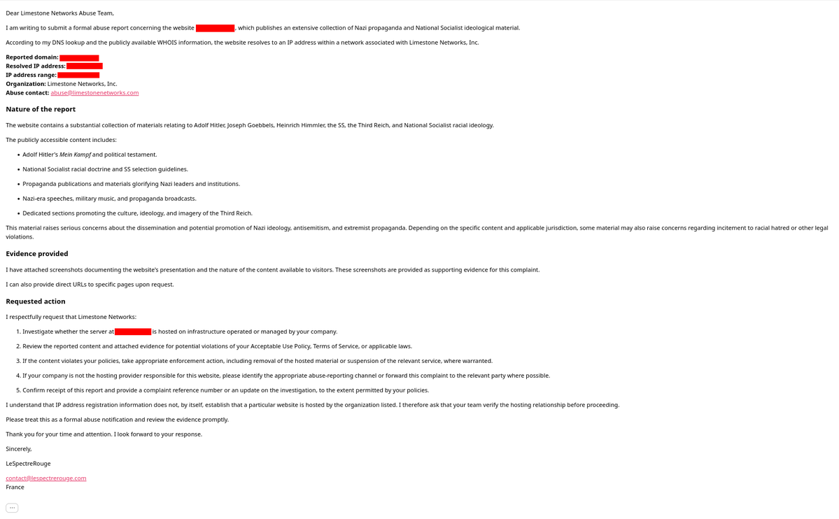 USpirituRossu's tweet photo. @namesilo @LimestoneInc I’ve sent your abuse team a report regarding a website publishing Nazi propaganda and extremist content.
Screenshots were attached as evidence.
Please investigate potential AUP violations and take appropriate action.
Thank you. https://t.co/Db3Bieewtg