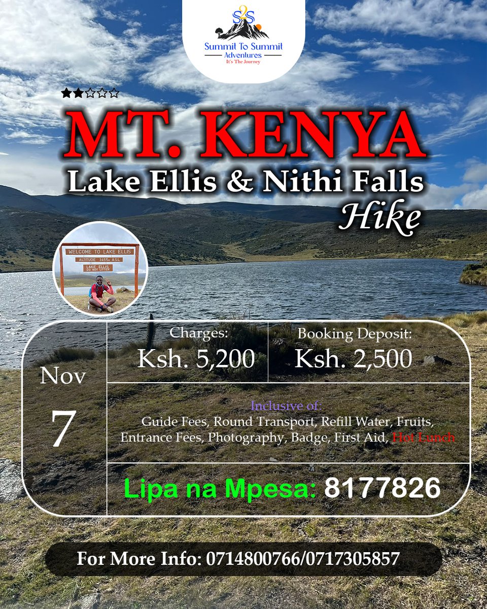 Mathuka_'s tweet photo. @siametokev Saturday, 7th November:
what’s your plan? Mt Kenya is calling — Lake Ellis, Nithi Falls, forest trails &amp; views!

Come for the mountain, vibes &amp; stay for our hot lunch! 

Beginner/Moderate | 15/19KM KES 5,200 adults | Kids KES 4900 | Till 8177826

Bookings: https://t.co/dSvs6c8zio https://t.co/5f6kjzlWqF