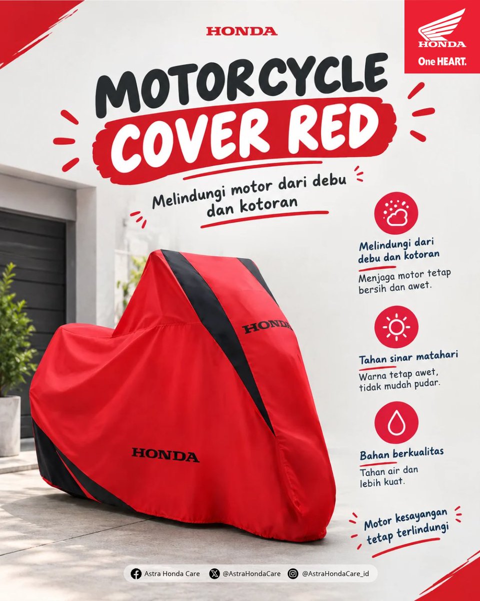 AstraHondaCare's tweet photo. ❤️🛵 Motor kesayangan bersih, hati pun tenang!

BroSis, motor sering diparkir di luar atau di garasi? Jangan lupa lindungi motor kesayangan dengan Motorcycle Cover Red! ✨

❤️ Membantu melindungi motor dari debu dan kotoran.
🛵 Menjaga motor tetap bersih saat diparkir.
👌 Praktis untuk menemani perawatan motor sehari-hari.

Yuk, rawat motor Honda kesayanganmu mulai dari hal sederhana! 😉