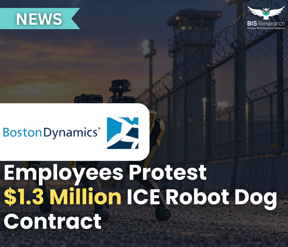 BISResearch's tweet photo. Over 300 @BostonDynamics employees oppose a $1.3 million ICE contract involving Spot robots, raising surveillance and robotics ethics concerns.
#BostonDynamics #Robotics #SpotRobot #ArtificialIntelligence #AutonomousRobots #RoboticsEthics #SurveillanceTechnology #DeepTech https://t.co/Qr1SUeV3qE