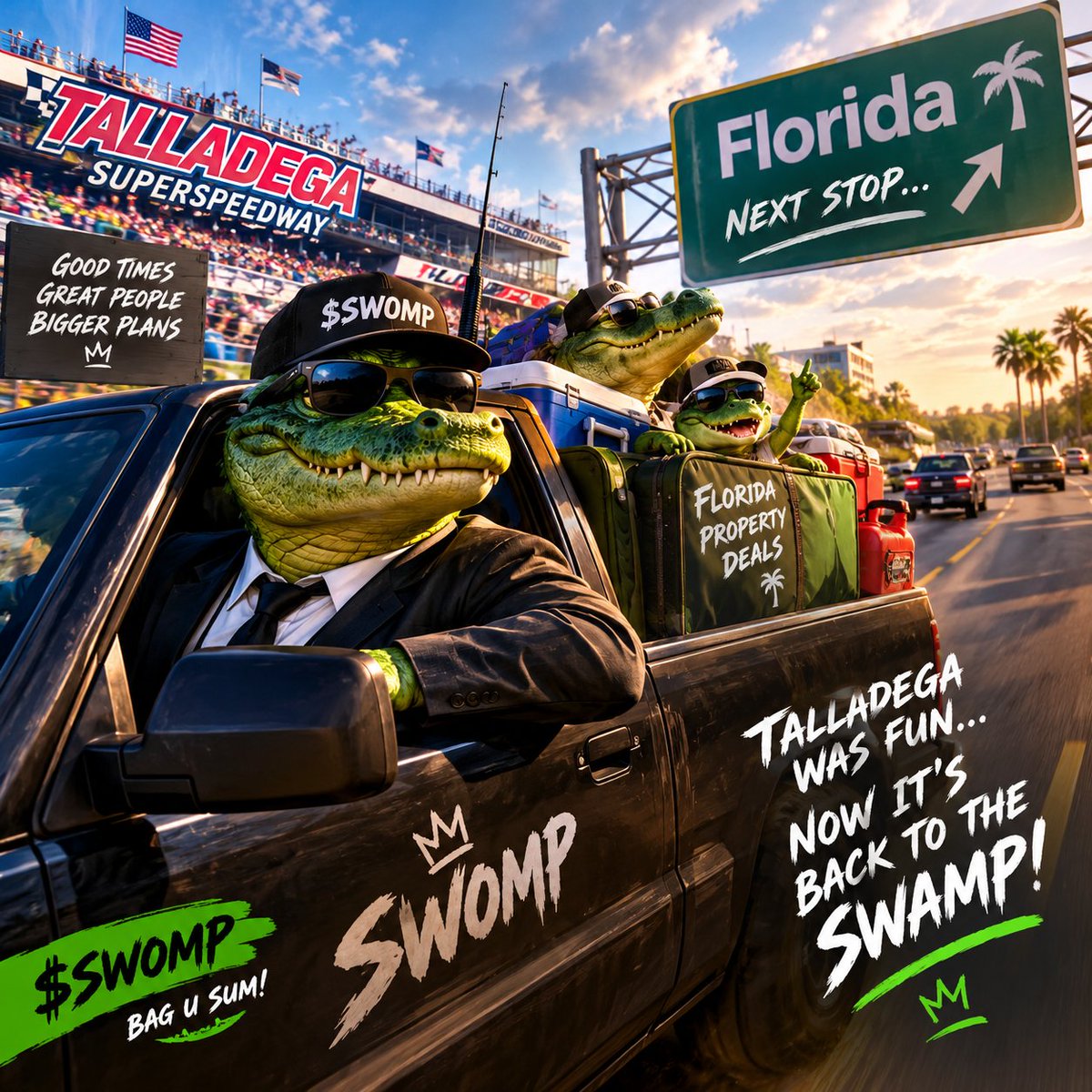 Owillzzi's tweet photo. GM $SWOMP 🐊

Talladega was a movie, but now it’s BACK TO THE SWAMP! 

Swompy Steve is serving up FICTIONAL Florida property at dip prices!  The swamp waits for nobody, so lock in, stack your bags, and make some noise!

 WAKE UP. LOAD UP. CHOMP HARD. 

$SWOMP IS HUNGRY! 

Bag U Sum before the swamp takes off!

CA: 5gdLekMpq71wX7moXwh1hBwAtDN2DeaspAXM4mDdpump