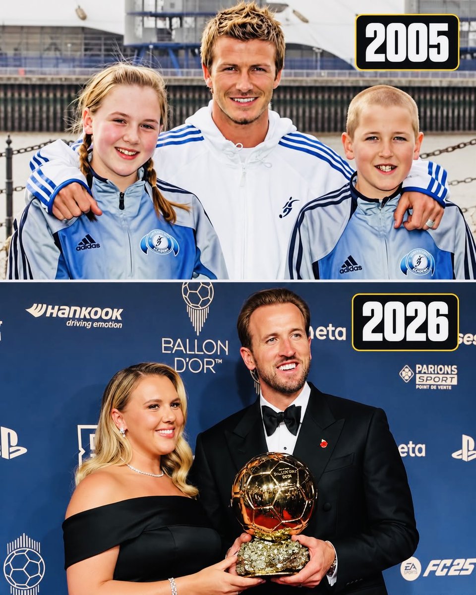 LMDFoot_'s tweet photo. En 2005, Harry Kane posait avec David Beckham en compagnie d'une coéquipière du centre de formation.

Depuis, il s’est marié avec elle, ont eu des enfants, se sont toujours soutenus et ont vécu un grand moment hier soir avec le Ballon d’or pour Harry 😍

Respect 👏❤️ https://t.co/7C4GgxUnYn