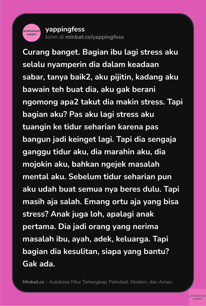 yappingfess's tweet photo. 🩷 kenapa ortu selalu berfikir yang paling sulit menderita itu cuma mereka? Sedih banget aku juga butuh kata2 baik sama pelukan https://t.co/Nc6Q79g4EO