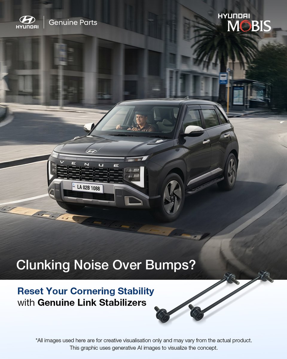 HyundaiMobisIN's tweet photo. A knocking sound when turning or driving over uneven roads often points to worn stabilizer link rods. Restore tight cornering and eliminate suspension clunks with Genuine Link Stabilizers.
#HyundaiMobis #GenuinePartsGenuineCare #CarCareMadeSimple #GenuineLinkStabilizer https://t.co/3tvjlgaULE