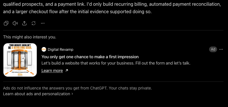BuddhaSource's tweet photo. Opened ChatGPT after long time and was surprised to see ads.

I only read about it but never seen it myself. https://t.co/SGSmlHY0aU