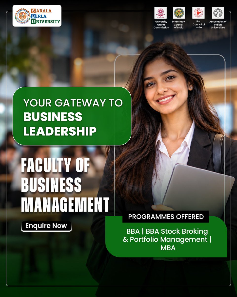sburanchi's tweet photo. Business leadership demands strategic thinking, ethical decision-making, and adaptability. At Sarala Birla University, the Faculty of Business Management nurtures leadership, innovation, and sustainable business practices.
Enquire now.
#SBU #BusinessManagement #BusinessLeadership https://t.co/gCg0pwUw3q
