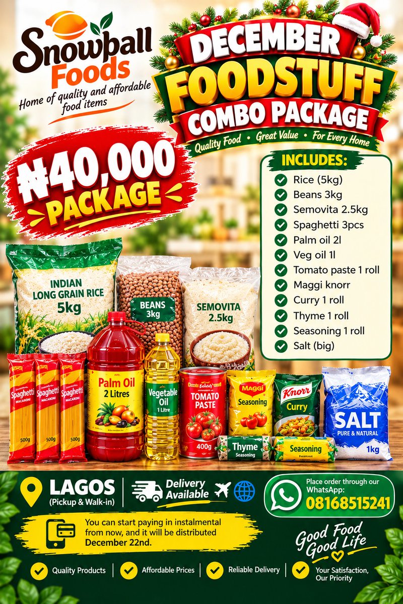 snowballfoods's tweet photo. 🎄🎁 CHRISTMAS FOODSTUFF PACKAGES ARE HERE! 🎁🎄

Make this Christmas special with Snowball Foods Christmas Foodstuff Packages! 🛒❤️

Choose from our ₦40k, ₦60k, ₦100k and ₦150k packages — carefully selected food essentials to make your festive season stress-free and enjoyable.

✅ Quality and affordable foodstuffs
✅ Perfect for families and loved ones
✅ Ideal for gifting employees, friends and family
✅ Delivery available

🇳🇬 In Nigeria or abroad? You can also order for your loved ones in Nigeria!

📍 Snowball Foods, Oshodi, Lagos.

📲 Send us a message today to place your order. Let's make this Christmas memorable! 🎄❤️