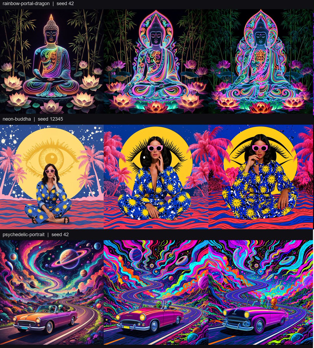 SD_Tutorial's tweet photo. Fibo 2.0 😃 Psychedelic LoRA

-Supports for BRIA Fibo 2.0 Dev. 
-Emphasizes saturated neon color, surreal subjects, bold black outlines, rhythmic patterns, luminous details, and graphic poster-like forms
-Preserving Fibo's structured-prompt control.
👇
https://t.co/SzKurF5Jr7 https://t.co/4147tASKme