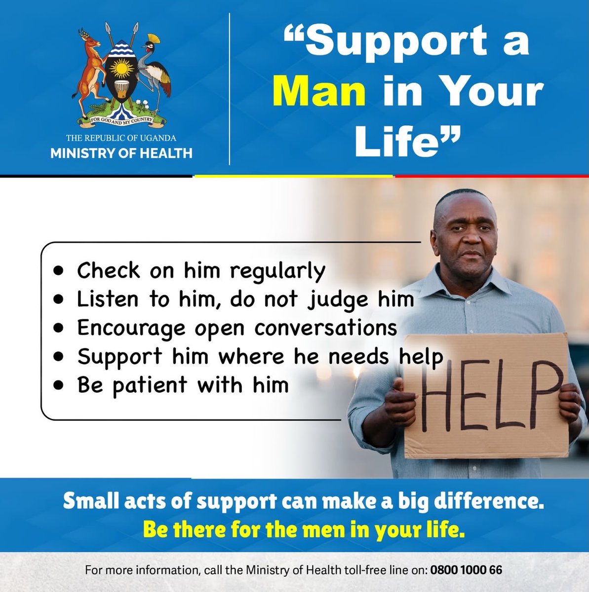 MinofHealthUG's tweet photo. When did you last check on the men in your life? 💙

Small acts of support make a big difference. 

Check on him regularly 🤳

Listen without judging 👂

Be patient ⌛️

#MOHatWork | #MentalHealthMatters https://t.co/KrkCWhG9y7