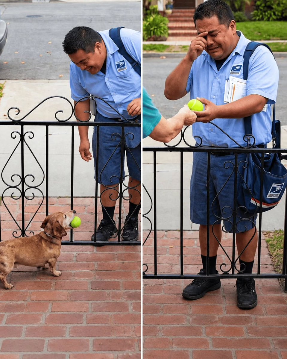 momentoviral's tweet photo. durante 5 años, un perrito esperó cada día al cartero con una pelota de tenis. Un día no apareció: había fallecido por su edad. Su dueño le entregó la pelota como recuerdo y el cartero no pudo contener las lágrimas 💔 https://t.co/m9yuG6wFt8