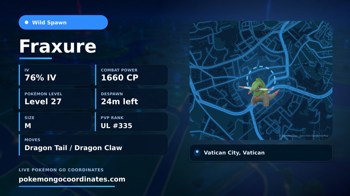 CoordsPokemonGo's tweet photo. Rare #Fraxure Wild Spawn
76% IV • 1660 WP • Level 27 • Size M
Moves: Dragon Tail/Dragon Claw
Vatican City, Vatican
Despawns in 24 minutes
41.897057,12.438819
#iSpoofer • #WildSpawn https://t.co/EJPDCSfMUR