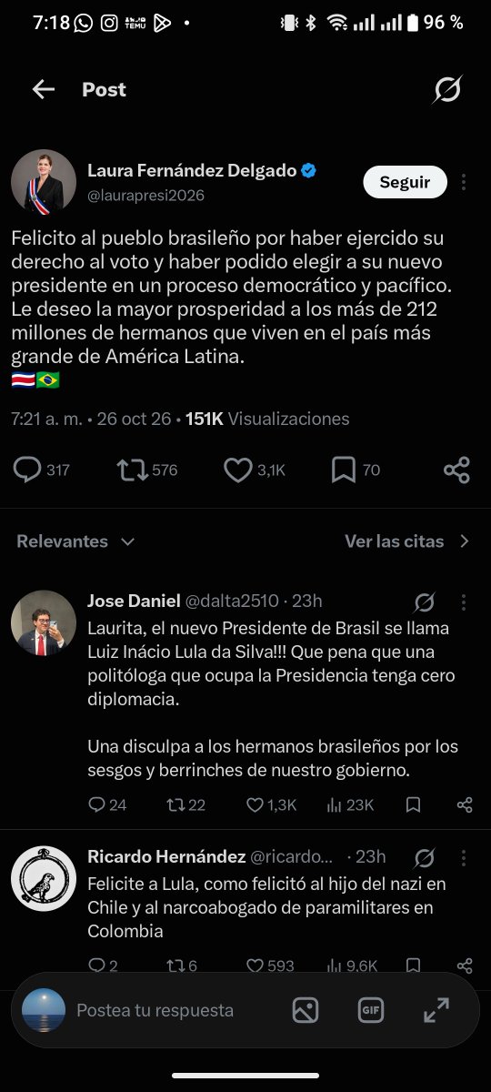 YuniSolimi's tweet photo. @MjfJorge @CRcancilleria Y vea que no lo digo de a huevo lit hasta parecen un copi pega las 4 administraciónes con el tema de felicitar a brasil ya porque de abajo nada ni un reportaje ni una conferencia nada todo se lo dejaban a la embajada https://t.co/vWGMkAgE83