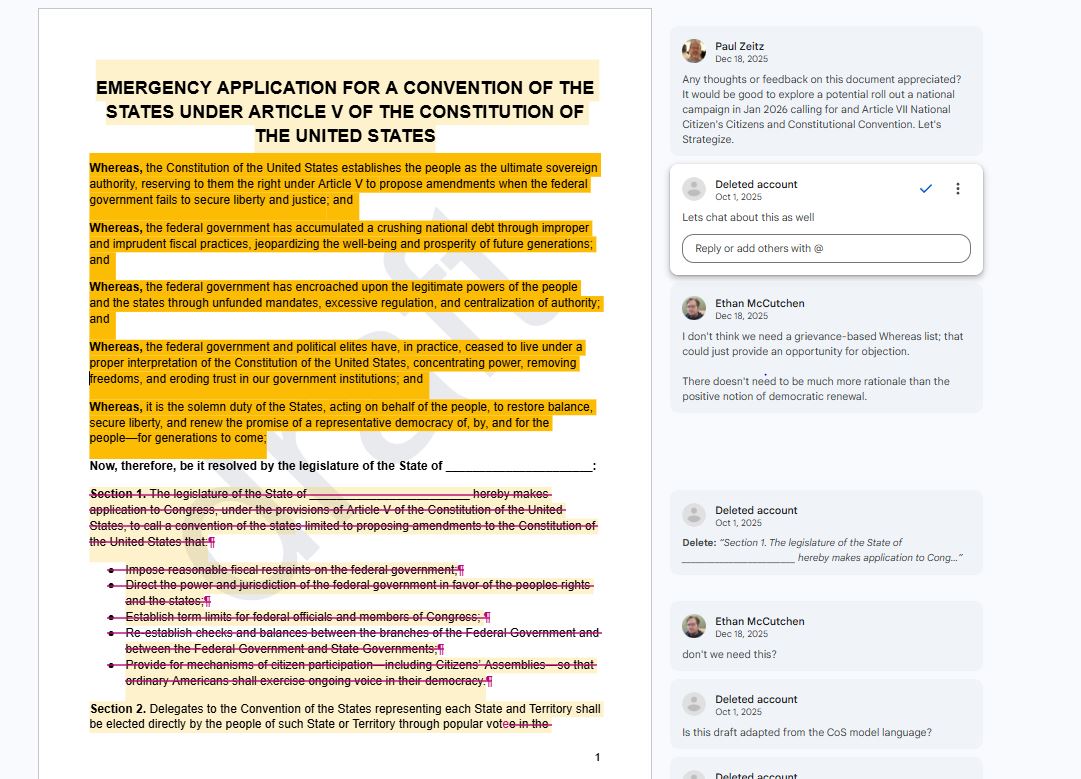 uneedsoap's tweet photo. 🚨@DataRepublican has been documenting the network discussing a “Fourth Founding,” with a political crisis potentially creating an opening for major structural reform.

I have been reviewing the Democracy Files exposed by @DataRepublican, @SKDoubleDub33, and @iamlisalogan. While going through them, I stumbled upon this document.

It matters because it shows what one possible legal vehicle looks like.

It is a ready made “Emergency Application” for a state legislature to invoke Article V:

“Be it resolved by the legislature of the State of ______”

If 34 state legislatures submit qualifying applications, Congress must call a convention to propose constitutional amendments. Any amendment would still need approval from 38 states.

The draft proposes changes involving federal power, spending, term limits, checks and balances, and Citizens’ Assemblies.

It also says convention delegates would be elected by popular vote, instructed through state Citizens’ Assemblies, and subject to immediate recall if they departed from their mandate.

No Article V convention has taken place, and the Constitution does not answer many of the procedural questions raised by this proposal.

An attached comment then suggests launching a January 2026 campaign for an Article VII “National Citizens’ and Constitutional Convention.”

That creates an even larger legal question..

Article VII was used to ratify the Constitution written in 1787. It does not provide a modern process for calling another convention or replacing the current Constitution.

This document adds an important piece to what @DataRepublican has been reporting.

The “Fourth Founding” discussion was not limited to just rhetoric about a future crisis. The documents include reusable legislative language for opening the constitutional amendment process, along with comments exploring an “Article VII” route that the Constitution does not actually provide.