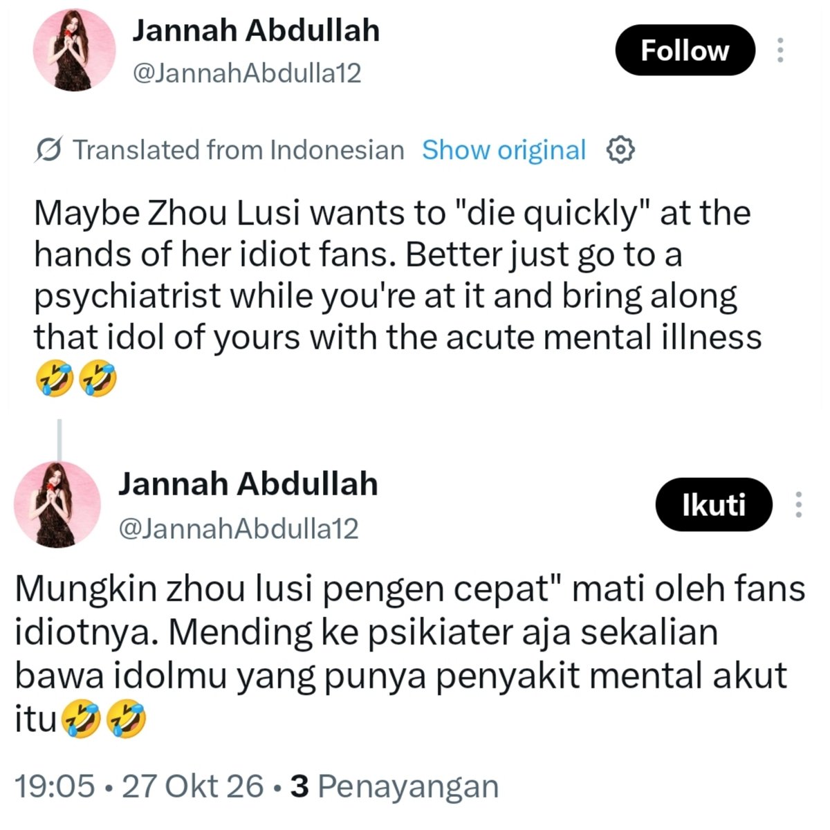lalaaalatte's tweet photo. “Mungkin Zhao Lusi pengen cepat² m*ti oleh fans idi*tnya. Mending ke psikiater aja sekalian bawa idolmu yg punya peny*kit ment*l akut itu”

What the hell... Hati-hati, semoga ucapan itu tidak berbalik ke dirimu sendiri☺️

Miris sih lihat salah satu fans ini ngejadiin masalah kesehatan mental sebagai bahan candaan??????
Daripada sibuk nyuruh orang lain ke psikiater, mending kamu ngaca dulu, siapa tau jiwa dan hatimu yg sebenarnya paling butuh diobati karna dipenuhi kebencian☺️