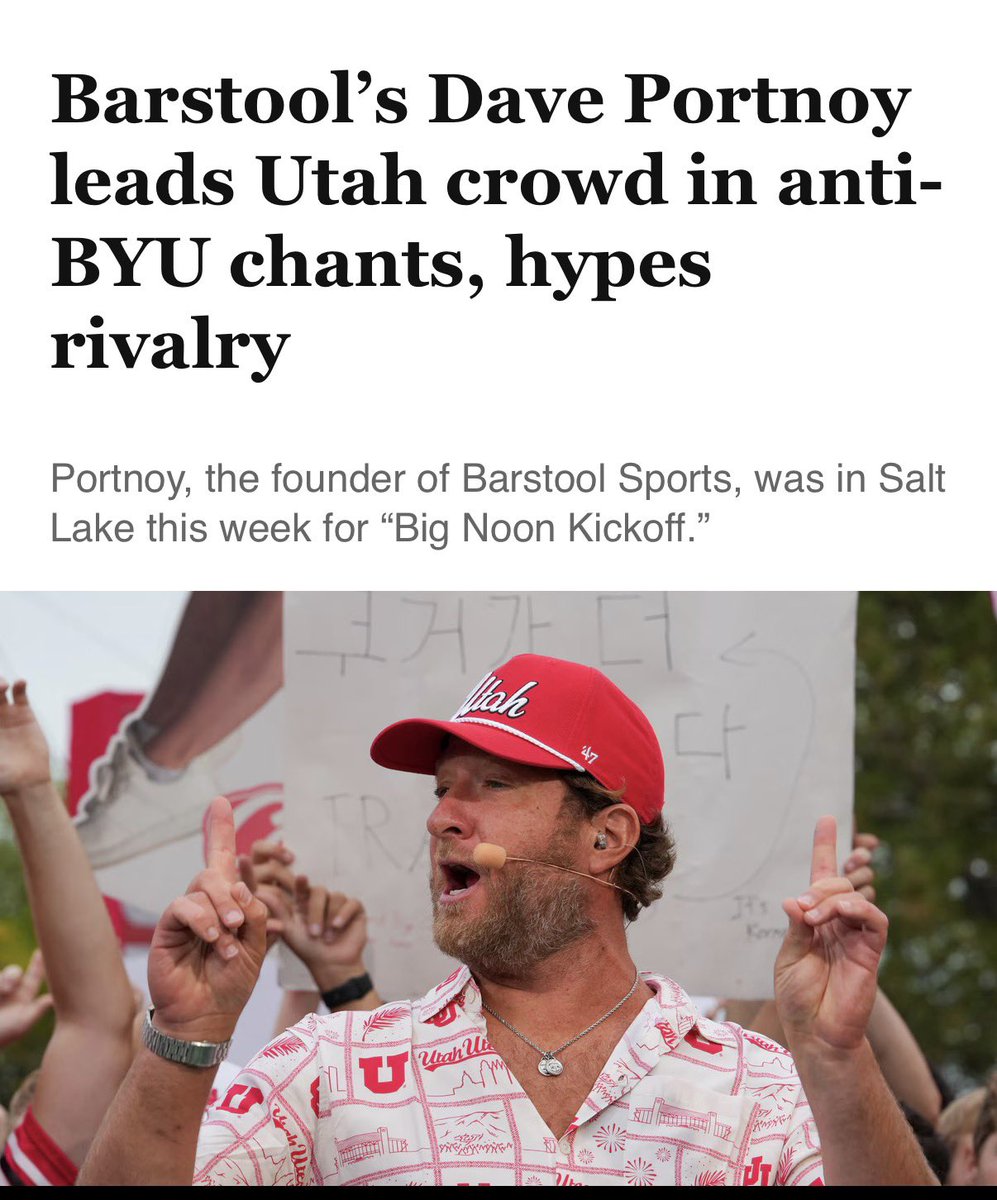 stoolpresidente's tweet photo. With all this Mcafee controversy I just want to say I loved Utah.   Granted this was before I became Provo Dave but I loved it.   Crowd was great.  Fans were great.   Id go back in a heartbeat with Barstool Football Show. https://t.co/4dEXONjzKB