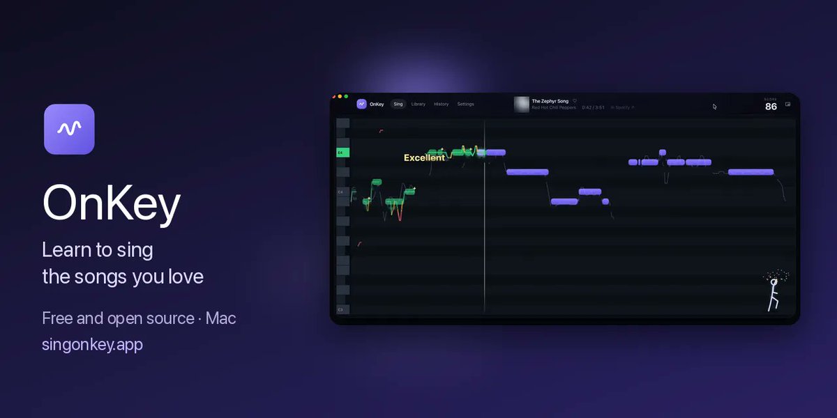 Frontier_Now_26's tweet photo. OnKey is a free, open-source Mac singing trainer: play a song in Spotify, sing along, and it learns the original melody on-device, then draws your pitch over the notes live — green when you're on key. MIT, Apple Silicon. https://t.co/0VcQxYNYxl https://t.co/EfwtfSFt95