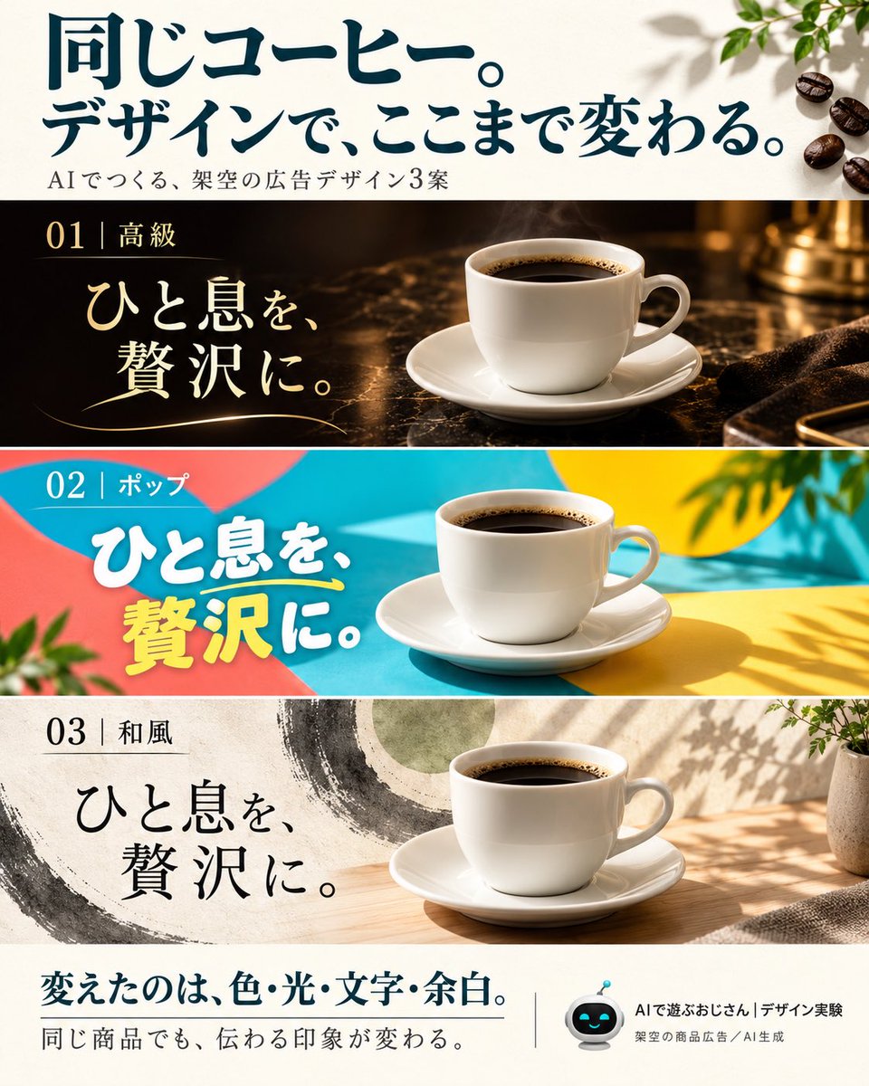 AIAI_ceo's tweet photo. 同じコーヒーでも、こんなに印象が変わる☕️

AIで架空の広告を3パターン作ってみました。

①高級
②ポップ
③和風

色・光・文字・余白で、伝わり方がガラッと変わる。
「何を描くか」に加えて「どう見せるか」も大事ですね😊

みなさんは、どの雰囲気が好きですか？

#AI画像生成 #デザイン https://t.co/oJGBzUIcsw