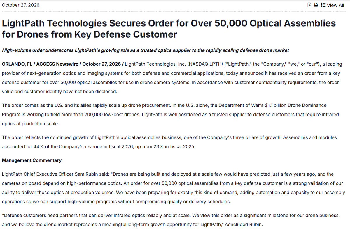 BussinBiotech's tweet photo. $LPTH LightPath Technologies Secures Order for Over 50,000 Optical Assemblies for Drones from Key Defense Customer

*High-volume order underscores LightPath's growing role as a trusted optics supplier to the rapidly scaling defense drone market

https://t.co/LM88Dir0jD https://t.co/h9M82BV5yA