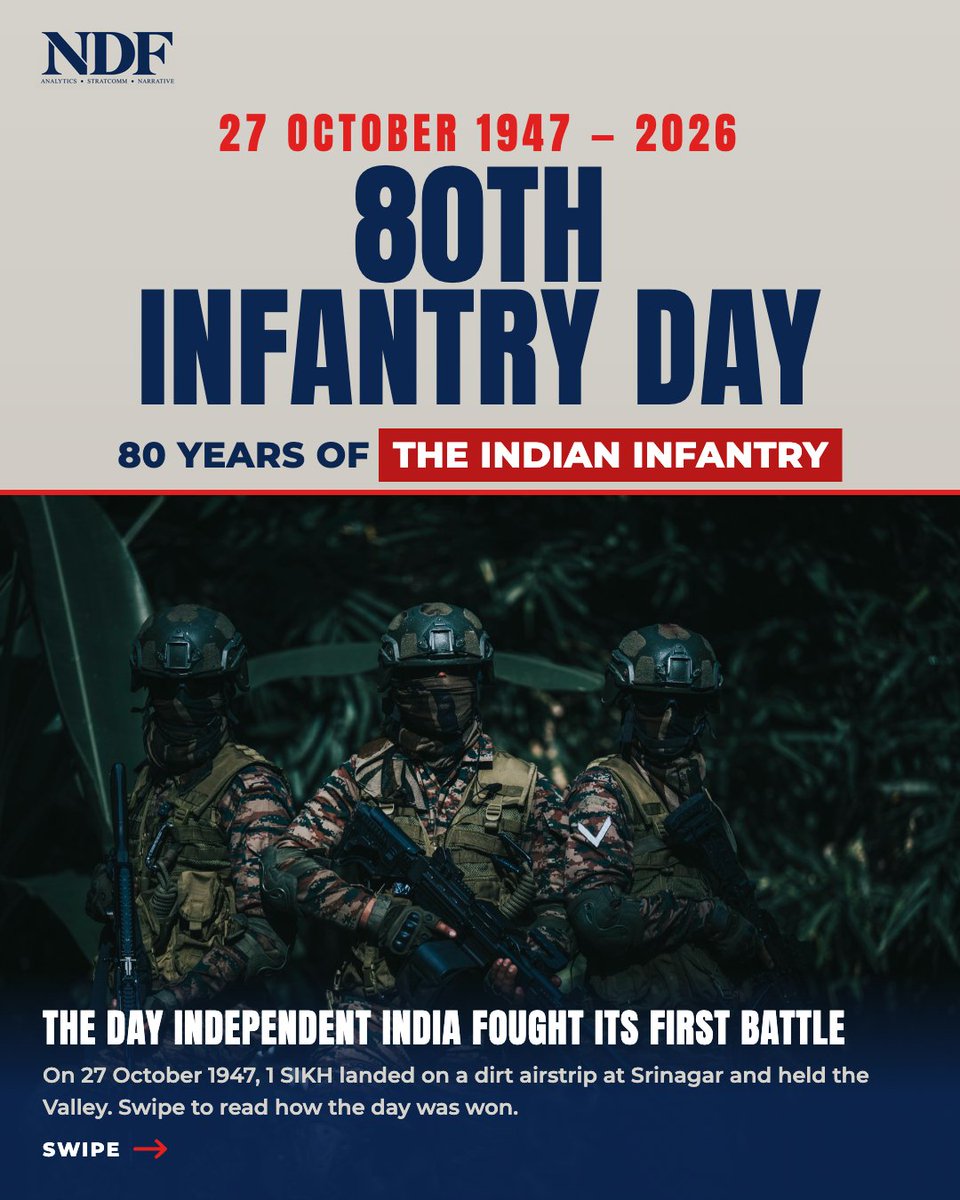 NetramDefence's tweet photo. Happy Infantry Day 🇮🇳

27 October 1947: The Day India’s Infantry Stepped Forward.

On this day, 1 Sikh was airlifted to Srinagar as Pakistani-backed tribal raiders advanced towards the Kashmir Valley.

Led by Lt Col Dewan Ranjit Rai, Indian troops moved to defend Srinagar. Rai was killed in action that day, making the ultimate sacrifice in the defence of the Valley.

   Facts to remember

- Indian Army troops landed in Srinagar on 27 October 1947.

- The operation helped defend the Kashmir Valley.

- Infantry Day honours the courage, resilience and sacrifice of infantry soldiers.

From the LoC to Siachen, the infantry continues to stand at the forefront of India's defence.

Saluting the courage and commitment of the Indian Army’s Infantry 🇮🇳

#HappyInfantryDay #InfantryDay #IndianArmy #JaiHind