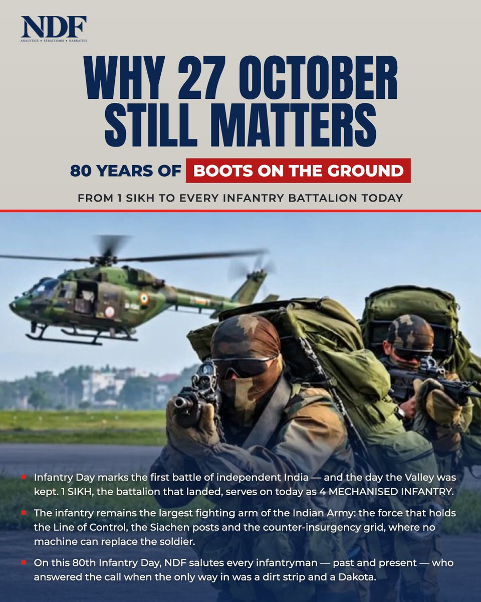 NetramDefence's tweet photo. Happy Infantry Day 🇮🇳

27 October 1947: The Day India’s Infantry Stepped Forward.

On this day, 1 Sikh was airlifted to Srinagar as Pakistani-backed tribal raiders advanced towards the Kashmir Valley.

Led by Lt Col Dewan Ranjit Rai, Indian troops moved to defend Srinagar. Rai was killed in action that day, making the ultimate sacrifice in the defence of the Valley.

   Facts to remember

- Indian Army troops landed in Srinagar on 27 October 1947.

- The operation helped defend the Kashmir Valley.

- Infantry Day honours the courage, resilience and sacrifice of infantry soldiers.

From the LoC to Siachen, the infantry continues to stand at the forefront of India's defence.

Saluting the courage and commitment of the Indian Army’s Infantry 🇮🇳

#HappyInfantryDay #InfantryDay #IndianArmy #JaiHind